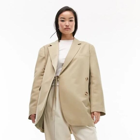 TOPSHOP Button Dad Blazer Oversized Suit Jacket Asymmetrical Beige NWT Size 4 - Picture 1 of 11